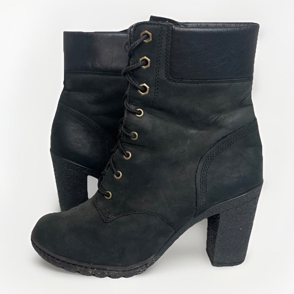 Timberland Tillston Womens 7.5 Black Nubuck Leather Block Heels Lace Boots